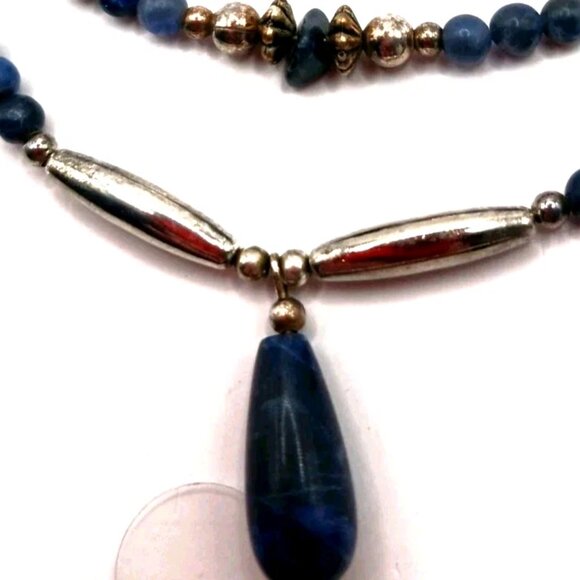 Vintage 17" Liquid Silver Double Layer Necklace Blue Stone - Picture 3 of 10